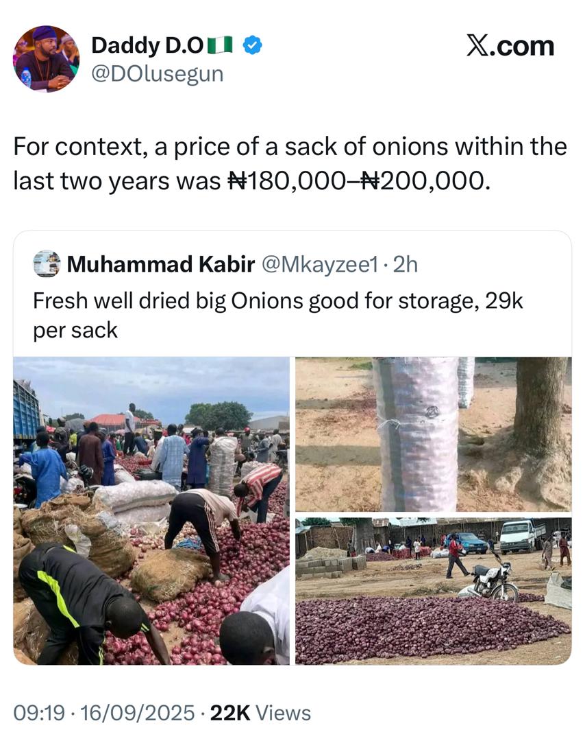 Presidential aide, Segun Dada, reacts to post claiming price of a sack of Onion has drastically reduced